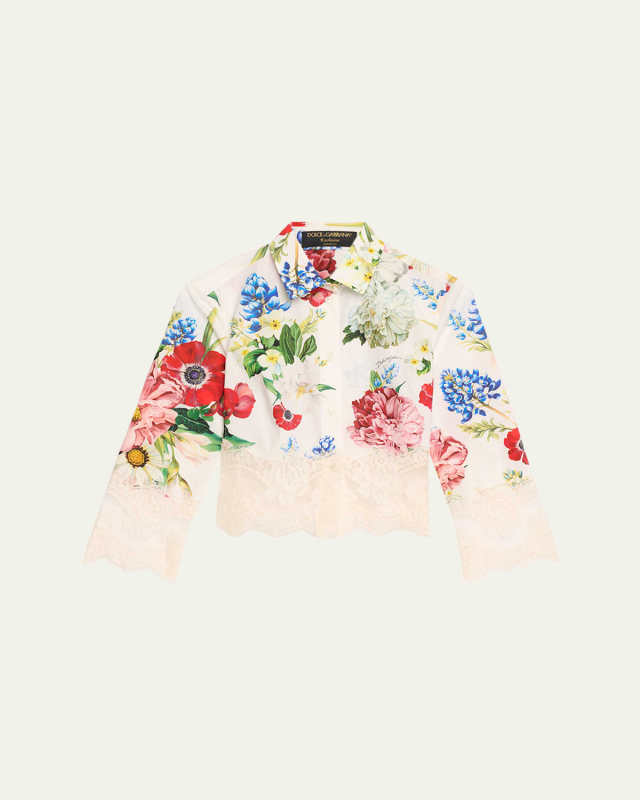 Lace-Trim Floral Crop Button-Down Shirt